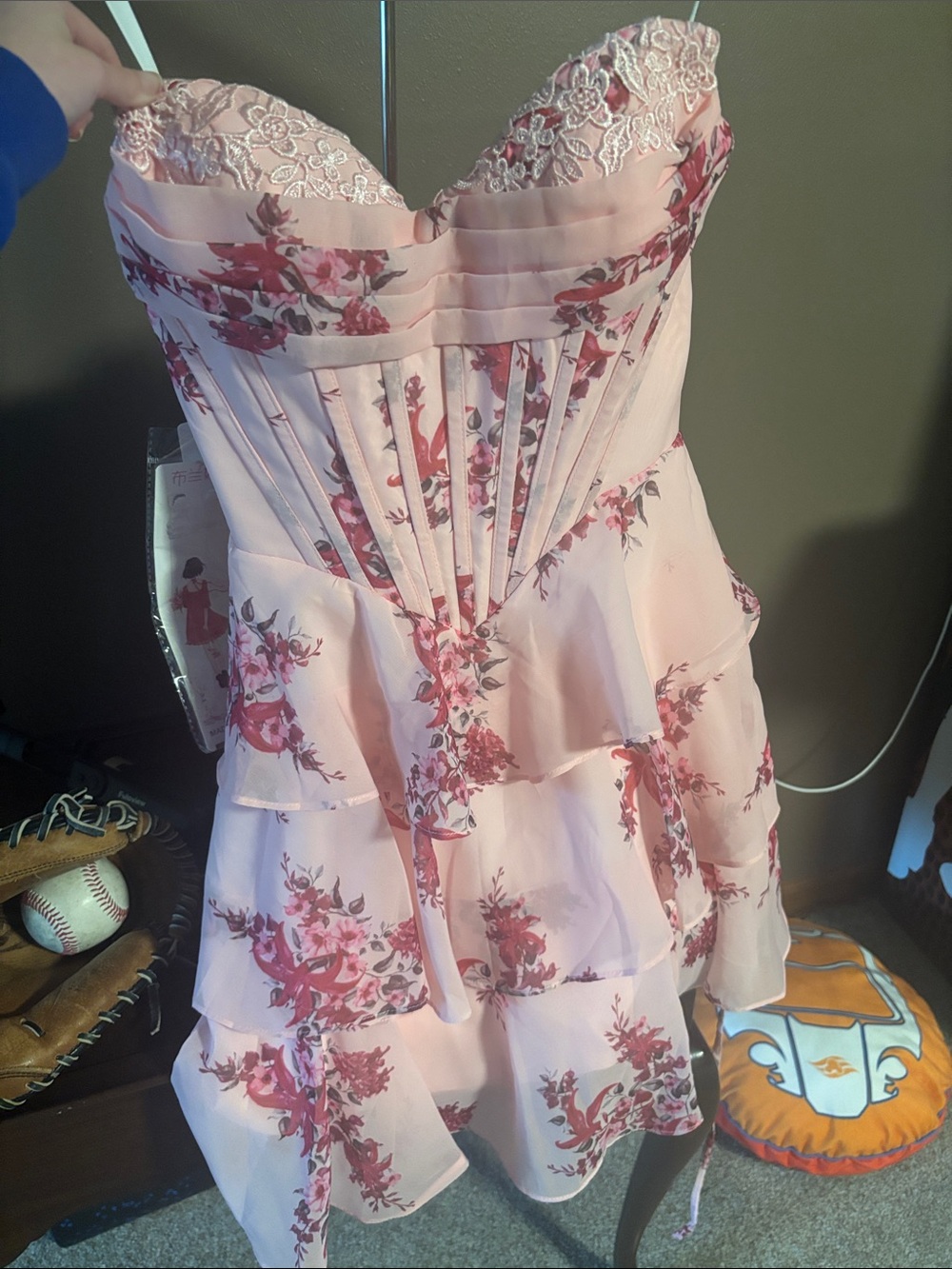 Strapless Pink Floral Tiered Corset Dress